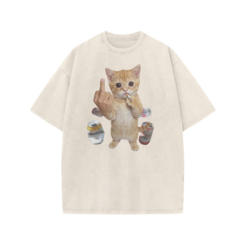 Dope Ass Cat Print Acid Washed T-shirt