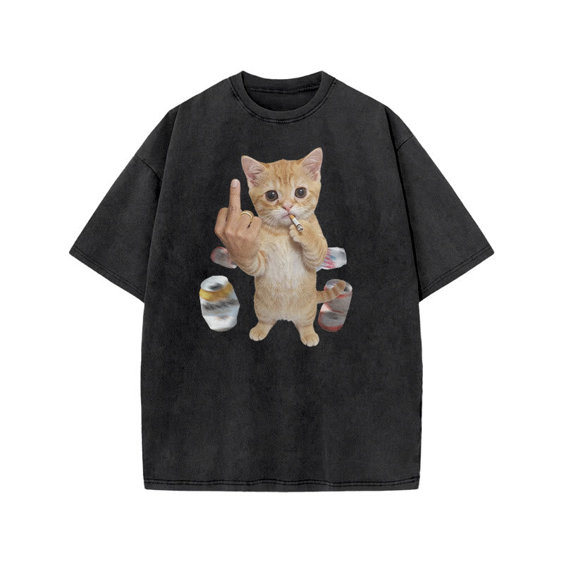 Dope Ass Cat Print Acid Washed T-shirt