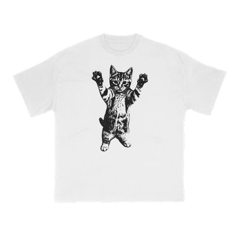 Funny Cat With Its Paws Up Print T-shirt