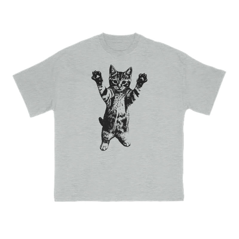Funny Cat With Its Paws Up Print T-shirt