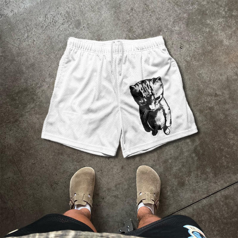 Funny Cat Meme Print Mesh Shorts