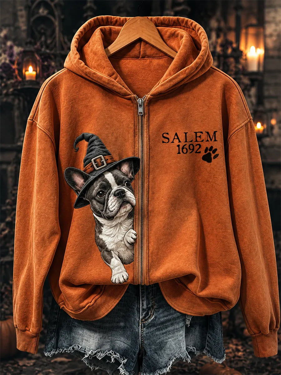 Unisex Salem 1692 Peeking French Bulldog Witch Print Full-Zip Hoodie