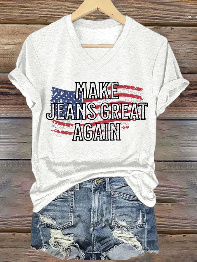 V-Neck Retro Make Jeans Great Again Print T-Shirt