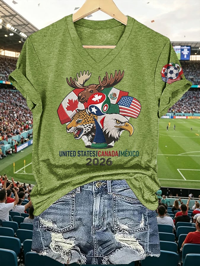 V-Neck Retro 2026 Soccer Mexico United States Canada Print T-Shirt