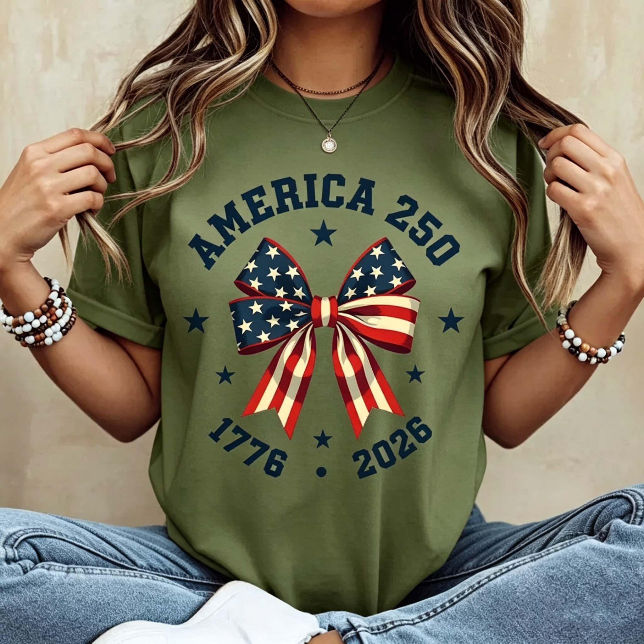 America 250 Stars And Stripes Bow Print T-Shirt