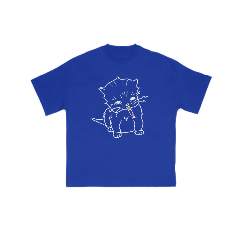 Unisex Smoking Cat Print T-shirt
