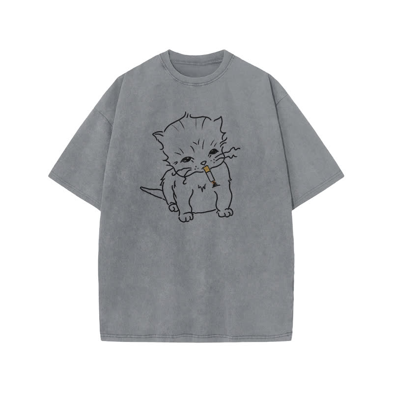 Unisex Smoking Cat Print Acid Washed T-shirt