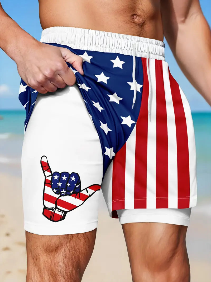 Unisex 2-in-1 American Flag Print Beach Shorts