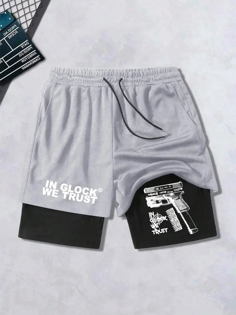 Unisex 2 in 1 Fit Hand & Gun Print Drawstring Beach Shorts