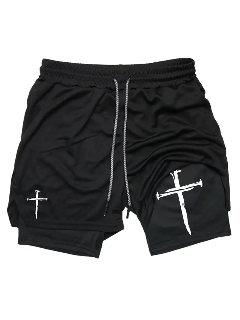Unisex Cross-Print Drawstring Waist 2-in-1 Sports Shorts