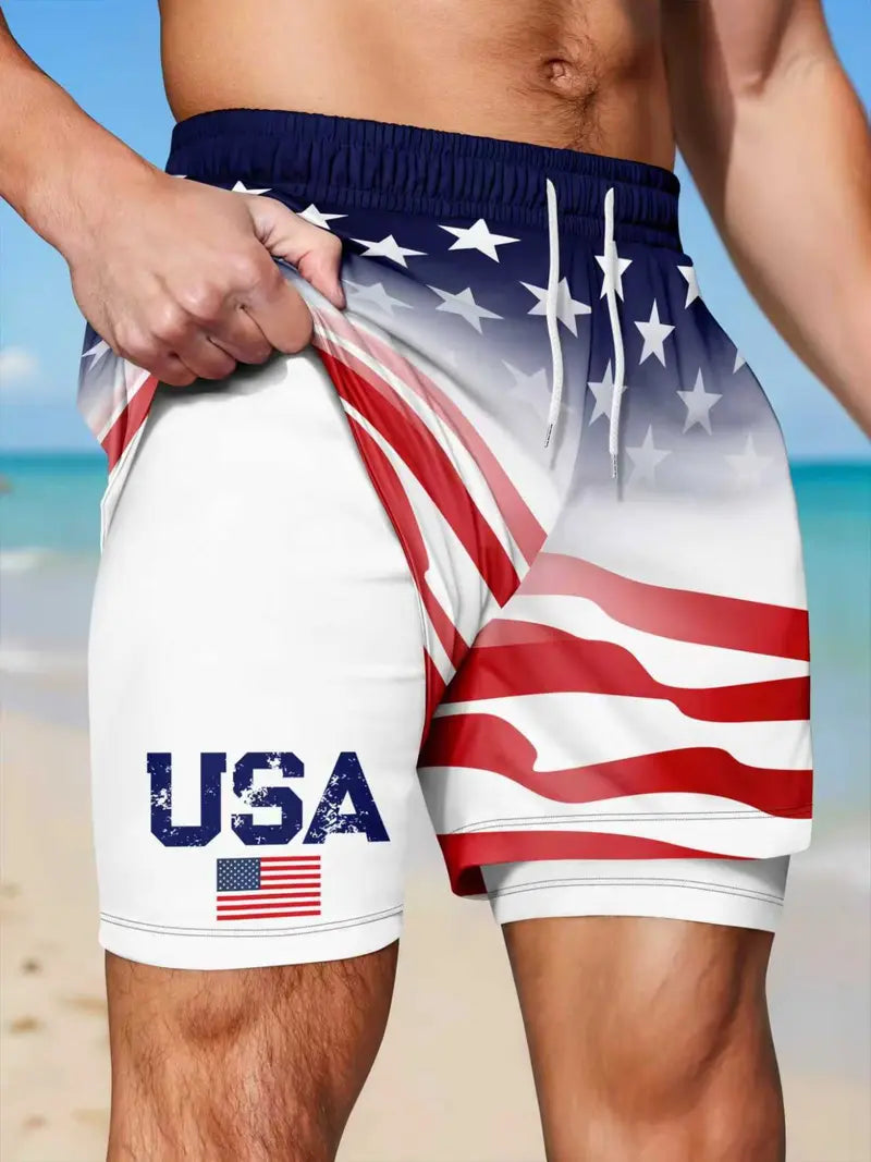 Unisex 2-in-1 USA Flag Print Beach Shorts