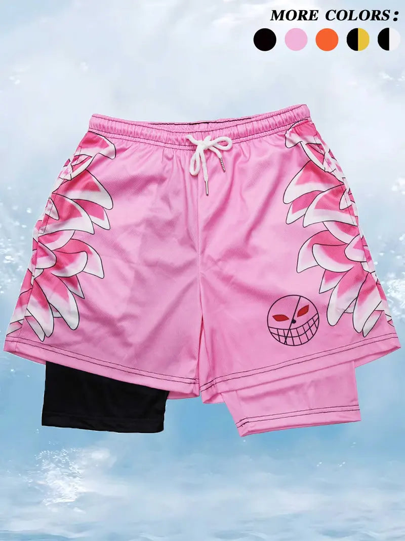 Unisex Colorblock & Cartoon Print Drawstring Waist 2-in-1 Sports Shorts
