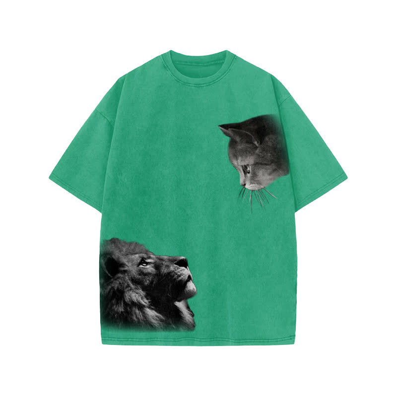 Unisex 100% Cotton Lion And Cat Print Acid Washed T-shirt