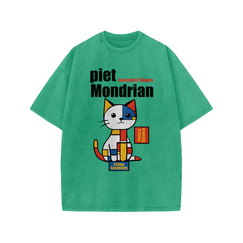 Unisex Geometric Shapes Cat Print Acid Washed T-shirt