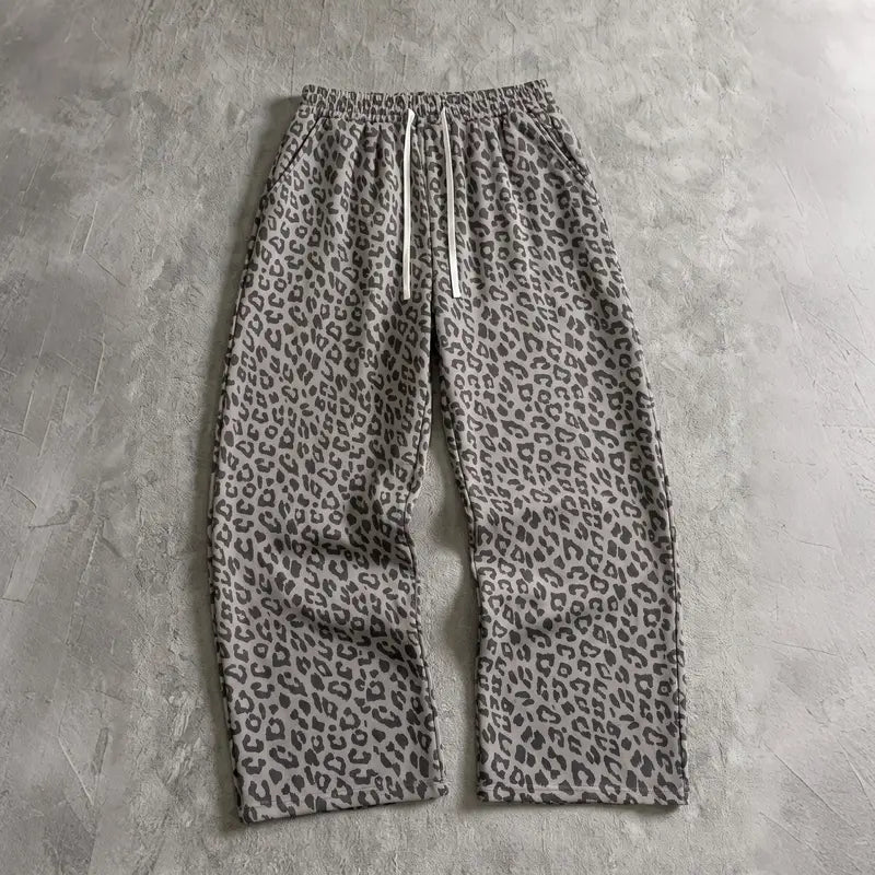 π Unisex Retro Leopard Print Wide-Leg Pants β Loose Fit Drawstring Trousers with Elastic Waistband π₯