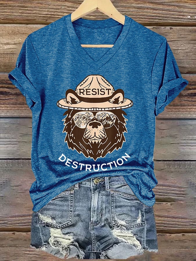 Women's Resist Bear Printed V Neck T-shirt