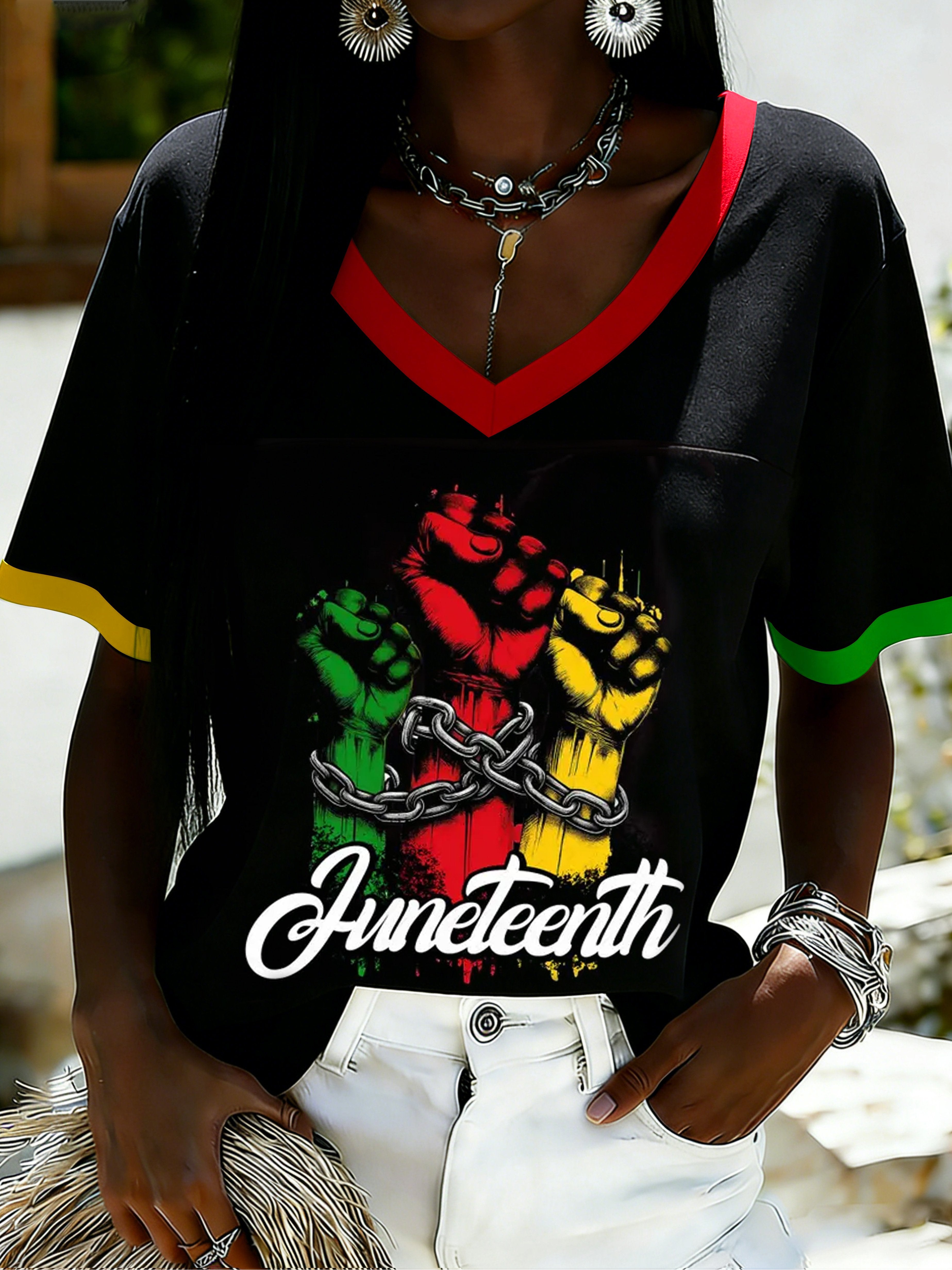 African American Women's Juneteenth Print V-Neck Top
