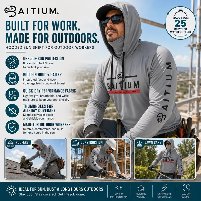 Unisex Fishing and Construction Shirts - Hooded UPF 50 Long Sleeve with Gaiter