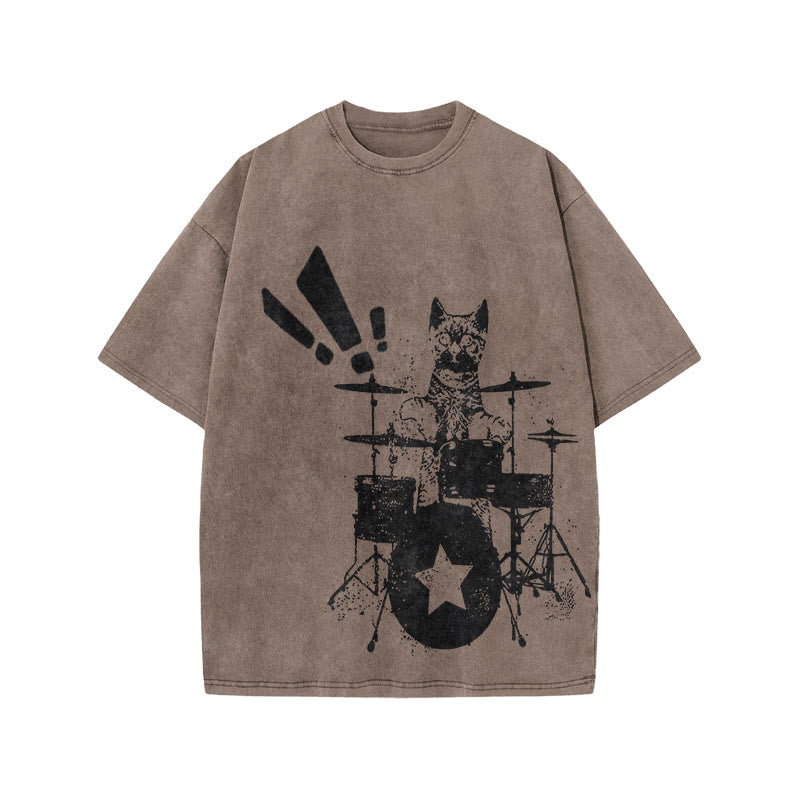 Unisex Cat Playing Drums Print Acid Washed T-shirt