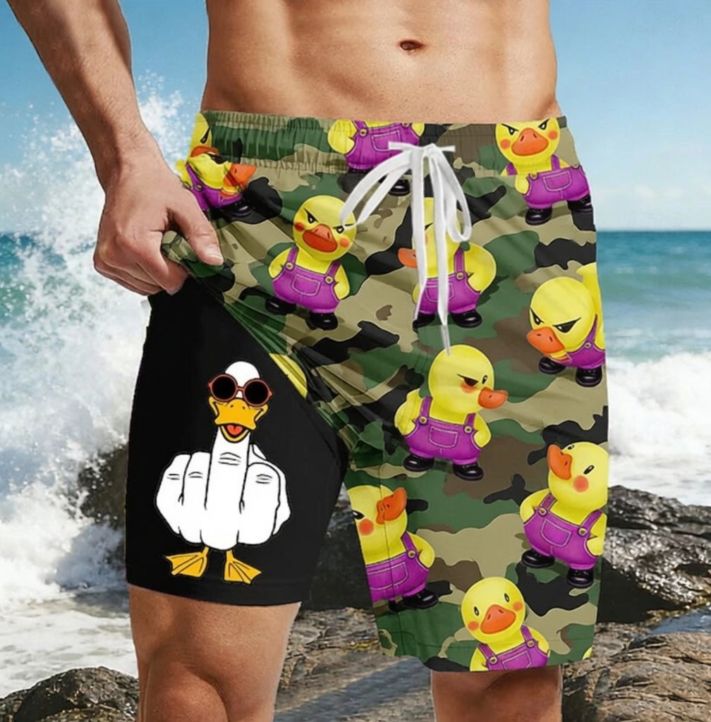 Funny Duck Middle Finger Lined Shorts 2 in 1 Board Shorts Swim Shorts