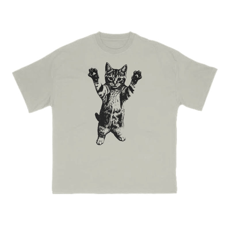 Funny Cat With Its Paws Up Print T-shirt
