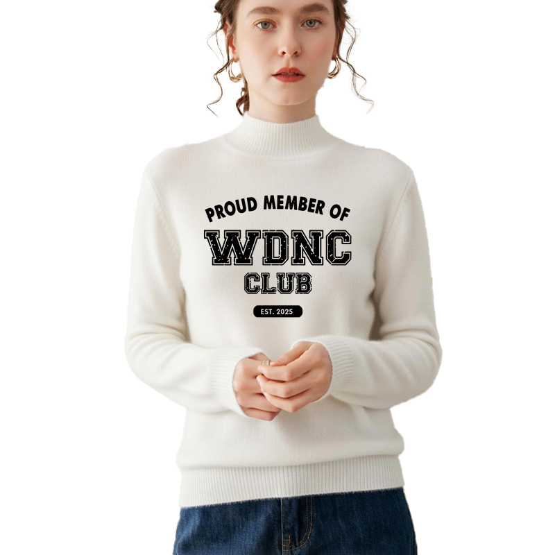 Retro and fun WDNC Club menopause/perimenopause themed printed mock neck sweater.
