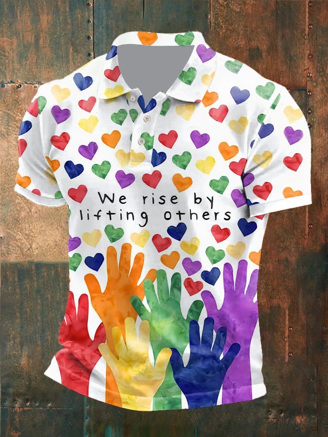 Men's Retro LGBT We Rise By Lifting Others Heart Rainbow Print Polo Shirt