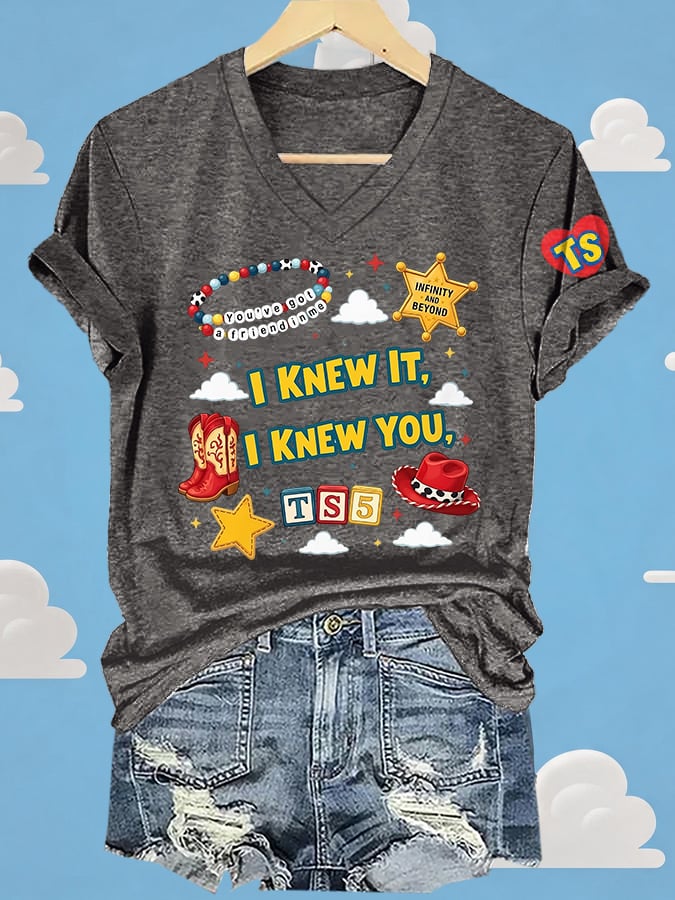 V-Neck Retro I Knew It Print T-Shirt