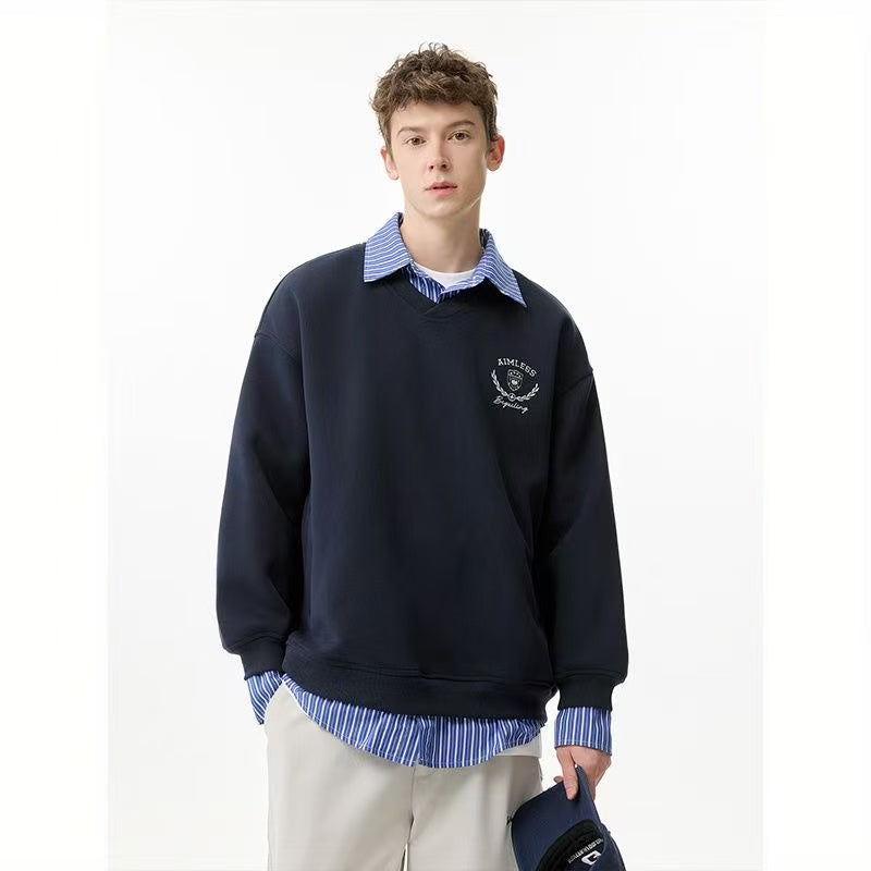 Unisex retro-style faux two-piece plaid patchwork collared sweatshirt