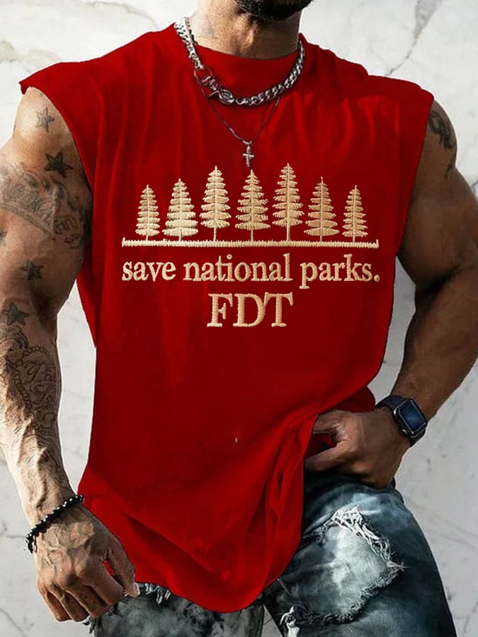 Men'S Retro Save National Parks FDT Print Sleeveless Tank Top
