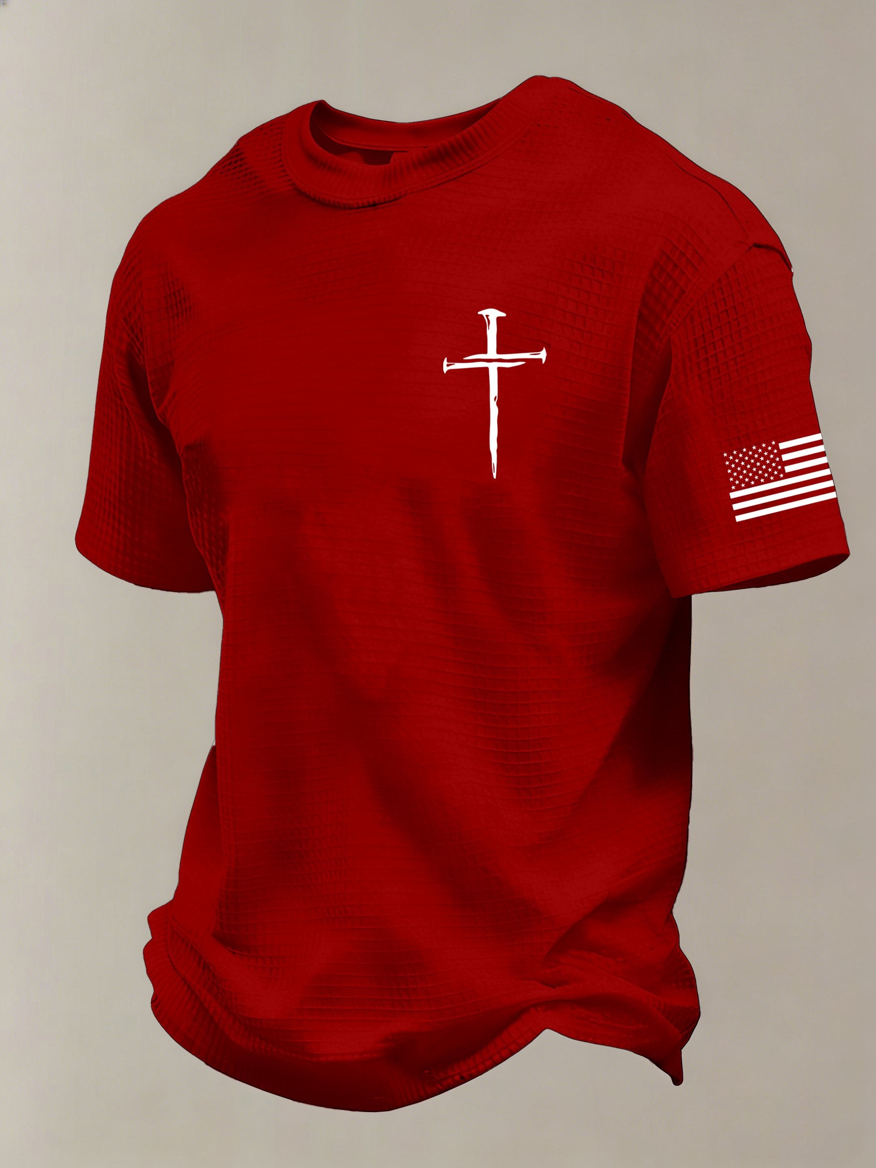Men'S Vintage Faith Cross Flag Print Waffle-Knit Fabric T-Shirt