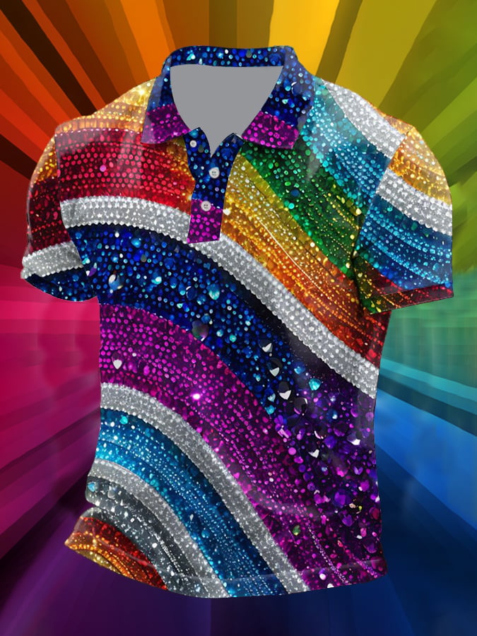 Men's Retro Rainbow Shiny Ripples LGBT Gay Print Polo Shirt