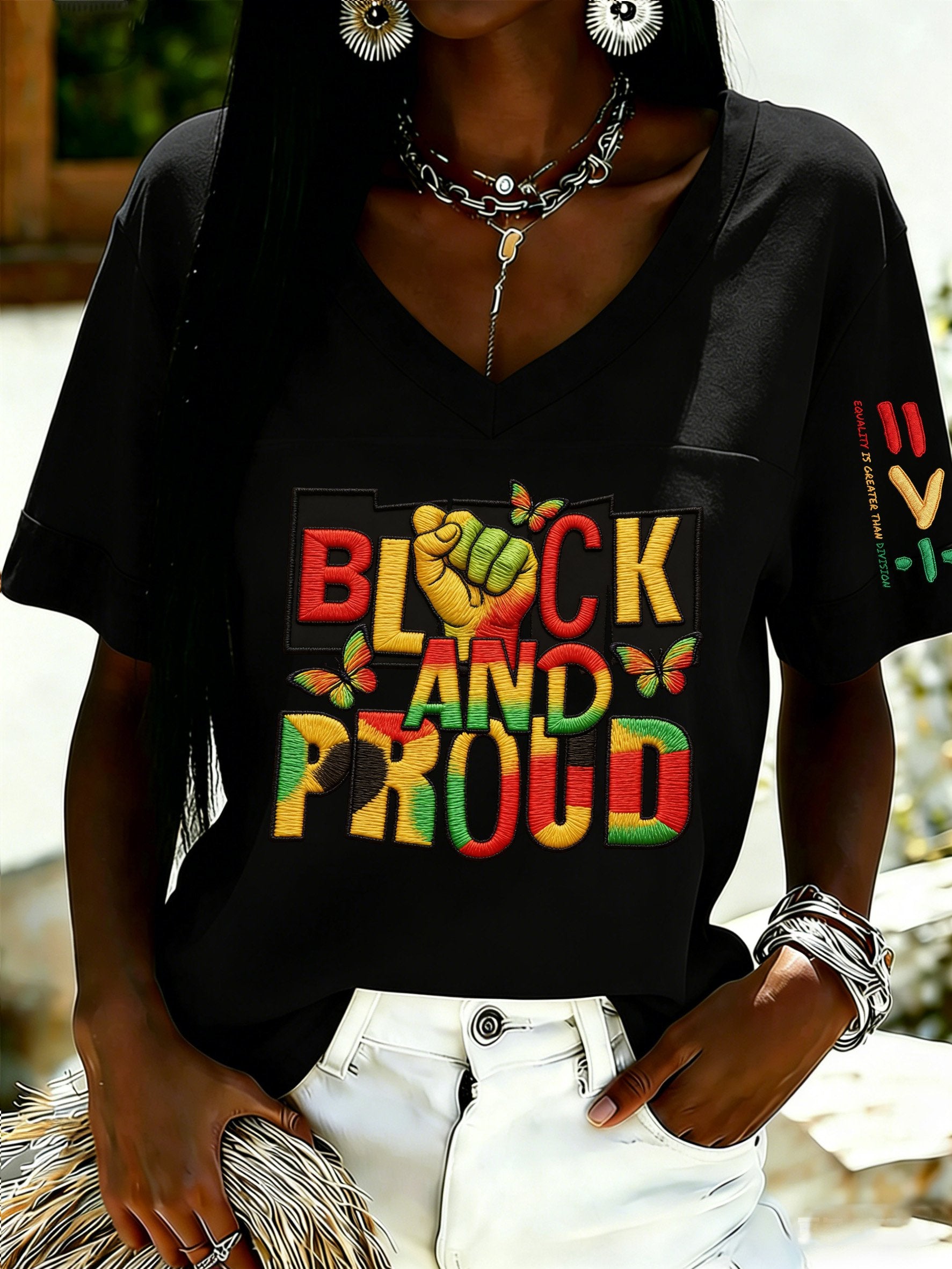 African American Women's Juneteenth Print V-Neck Top