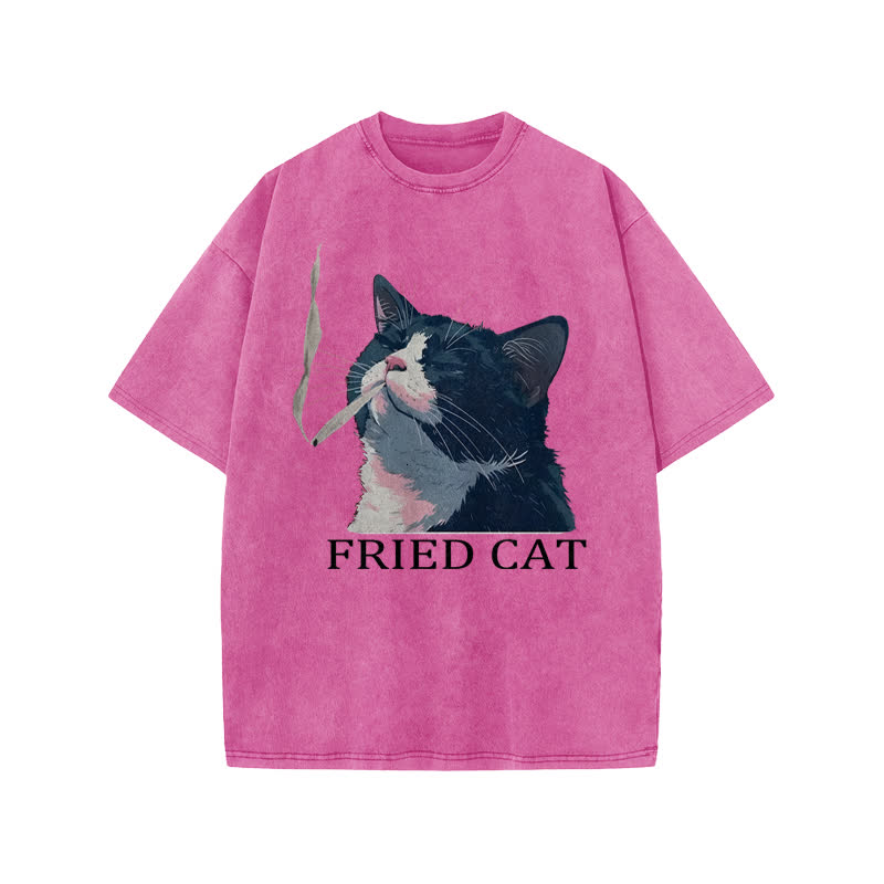 Unisex Fried Cat Print Acid Washed T-shirt