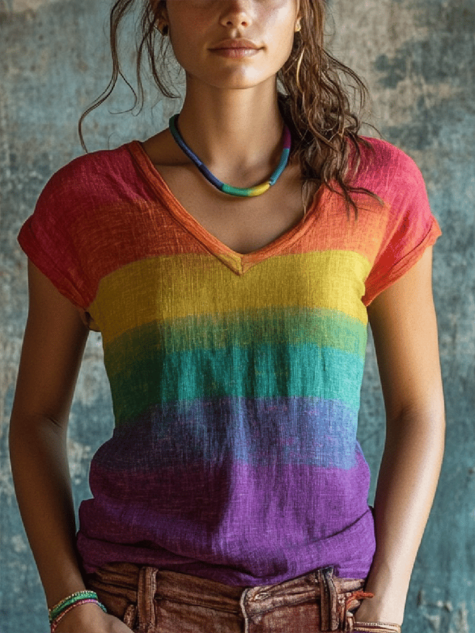 Women's Rainbow Multicolor Stripe Print V-Neck Casual T-Shirt