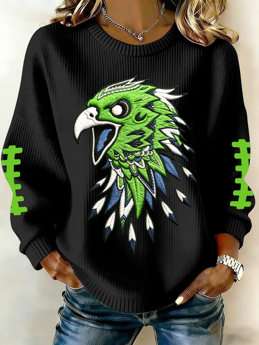 Women's Football Print Knit Crew Neck Long Sleeve Top