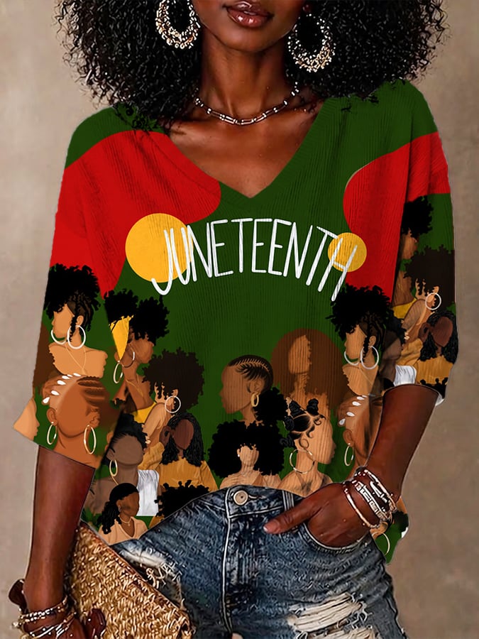 Women's Black Juneteenth Print Waffle Fabric Long-sleeved T-shirt