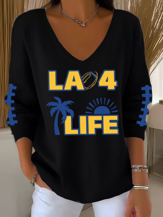 Women's Football Print V-Neck Casual Knitted Sweater