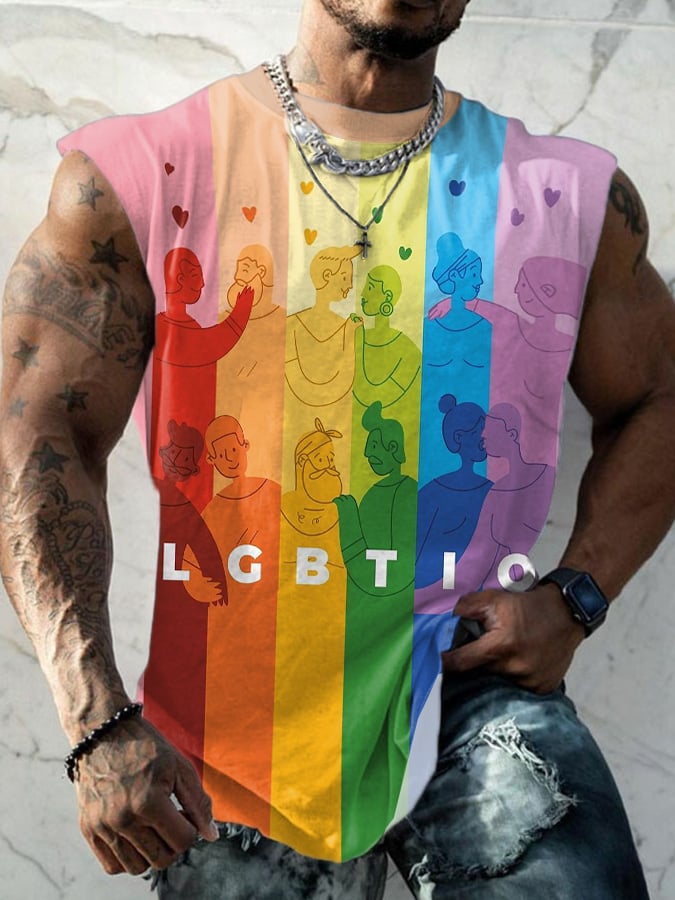 Men's Retro Rainbow Colors LGBTQ Print Round Neck Tank Top