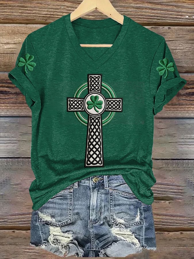Women's St. Patrick's Day Print V Neck T-shirt