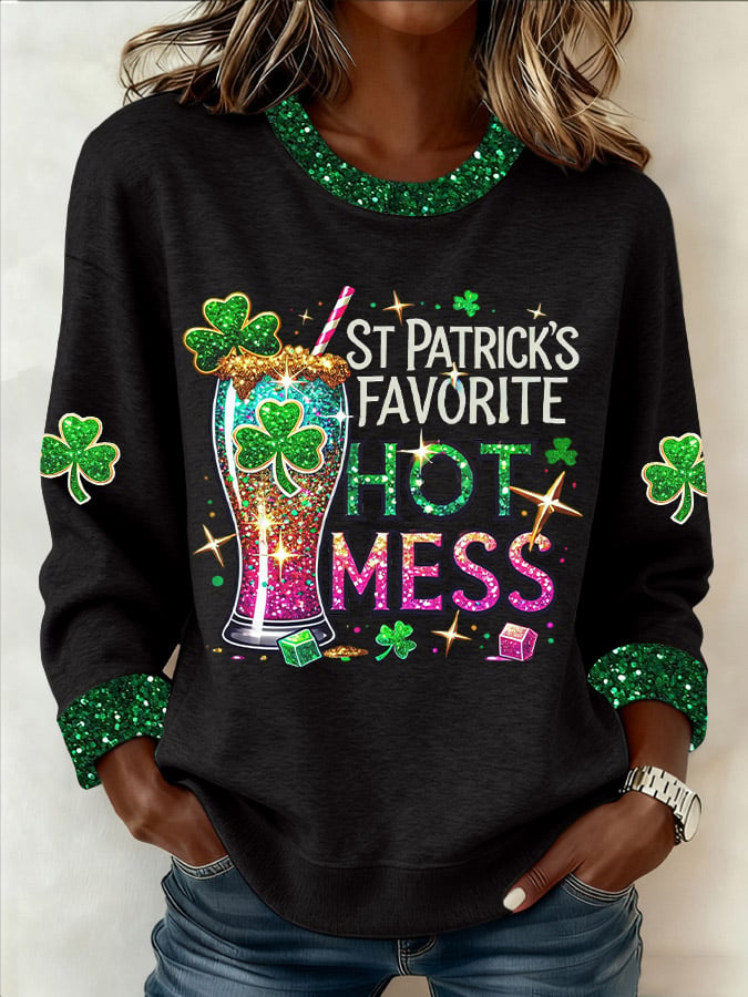 Women's St. Patrick's Favorite Hot Mess Print Casual Sweatshirt