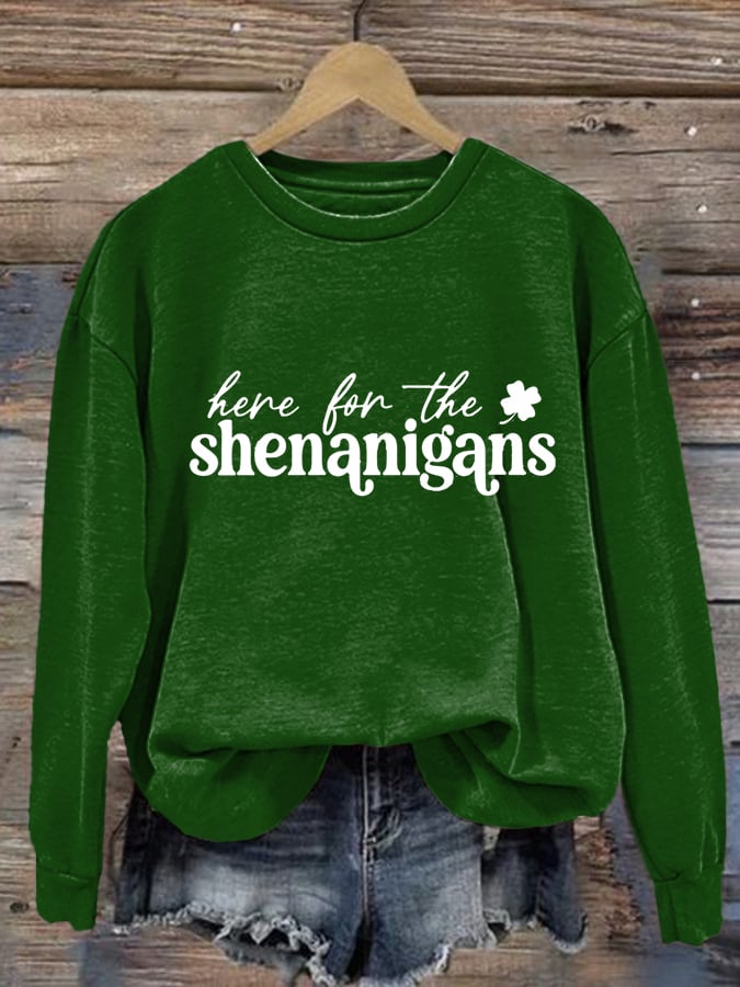 Women's Retro Irish St. Patrick's Day Here For The Shenanigans Print Crew Neck Long Sleeve Sweatshirt
