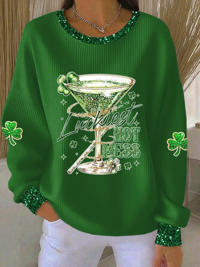 Women's St. Patrick's Luckiest Hot Mess Print Casual Sweatshirt