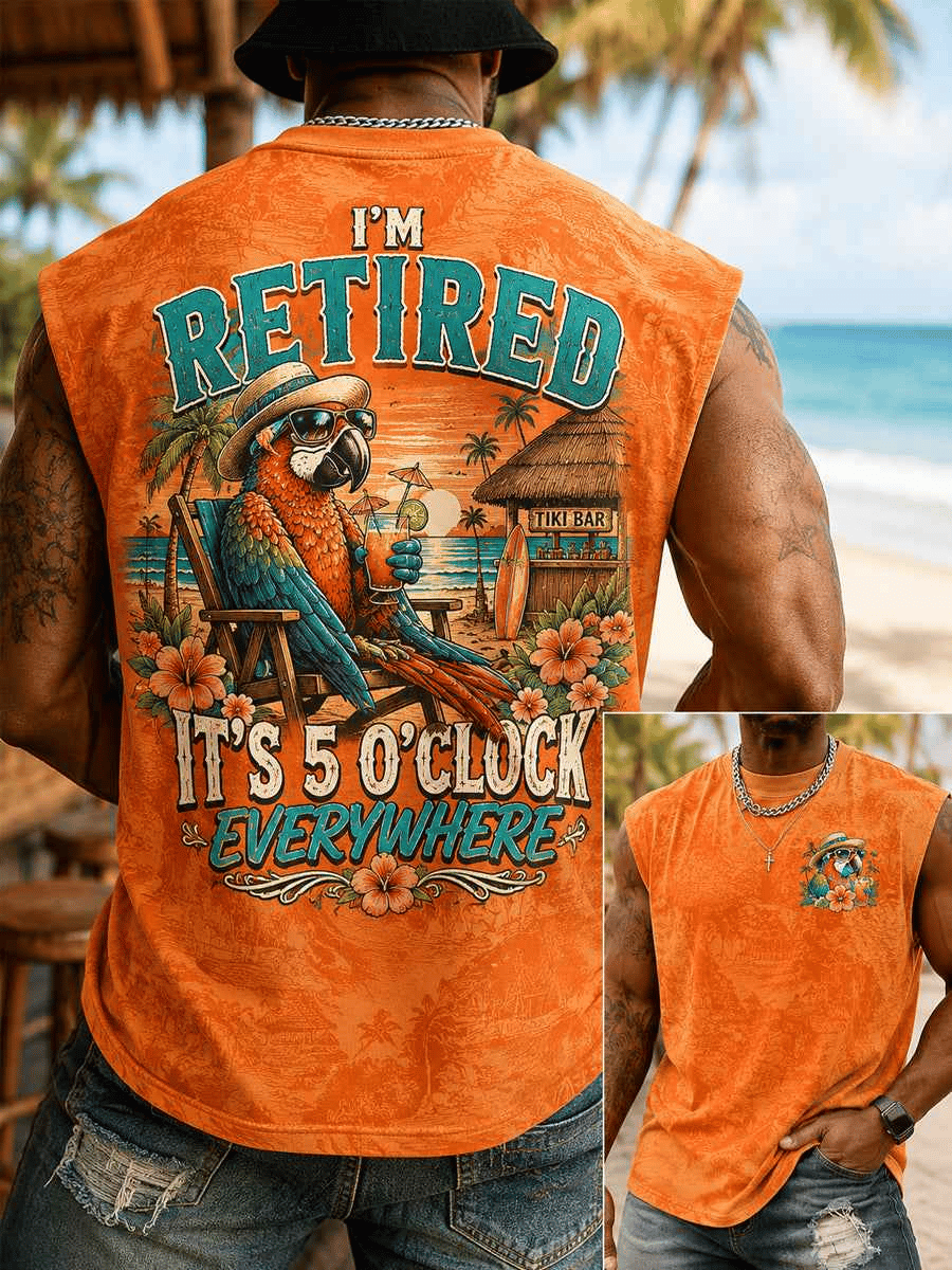 Men's Retro Vacation Music Parrot Print Round Neck Vest