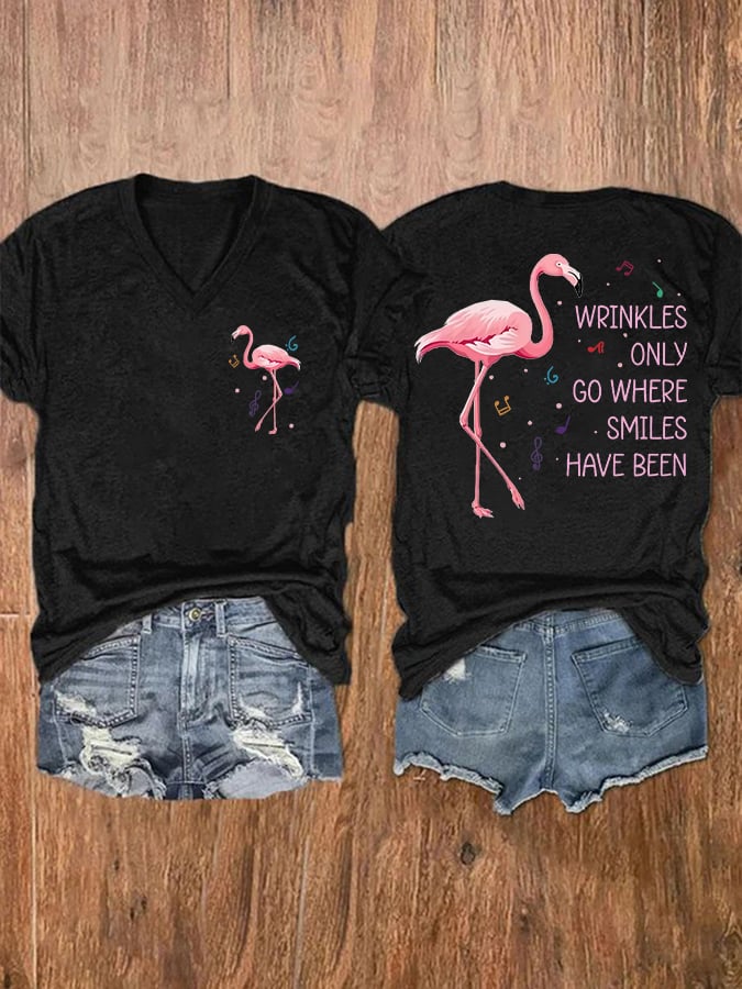 V-Neck Retro Flamingo Wrinkles Only Go Where Smiles Have Been Print T-Shirt