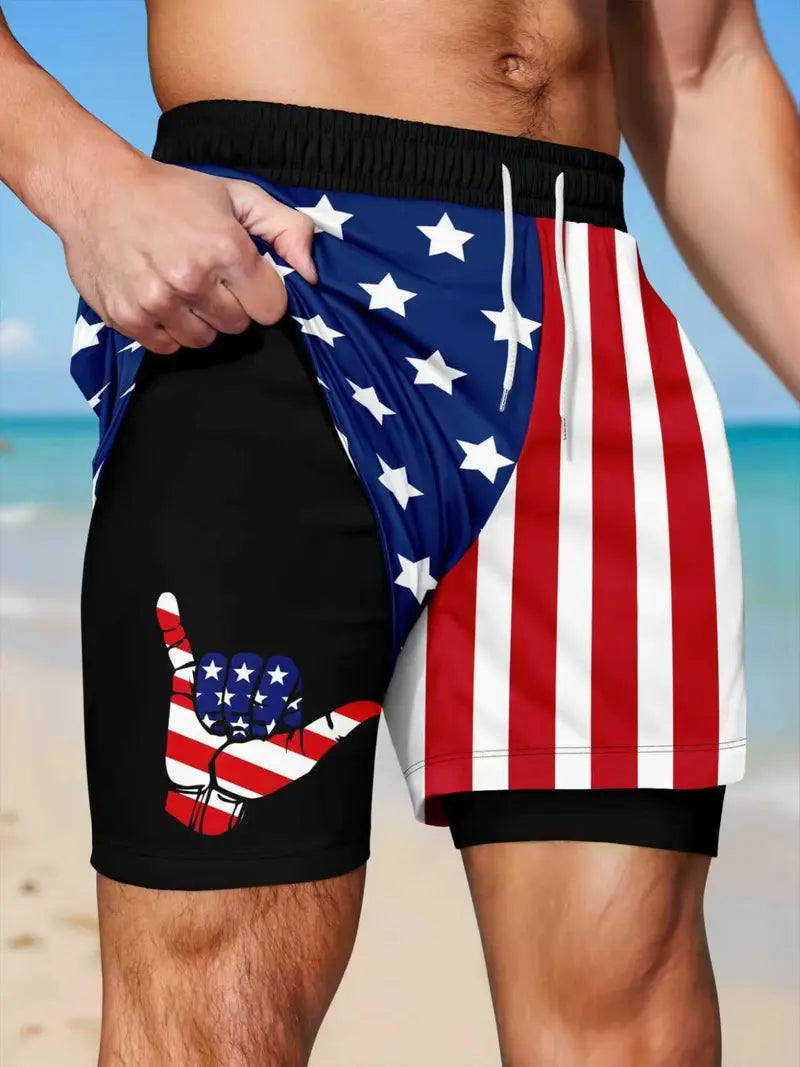 Unisex 2-in-1 American Flag Print Beach Shorts