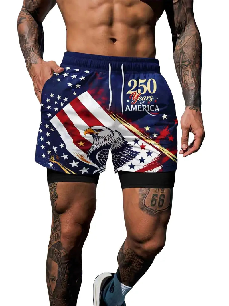 Unisex 2-in-1 USA Flag Print Beach Shorts