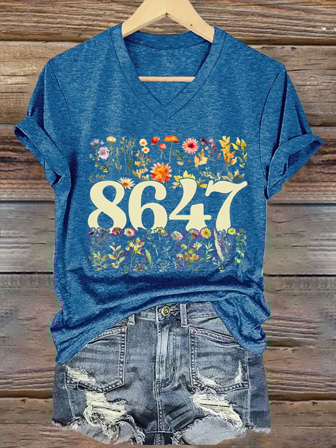 V-neck 86/47 Flowers Print T-Shirt