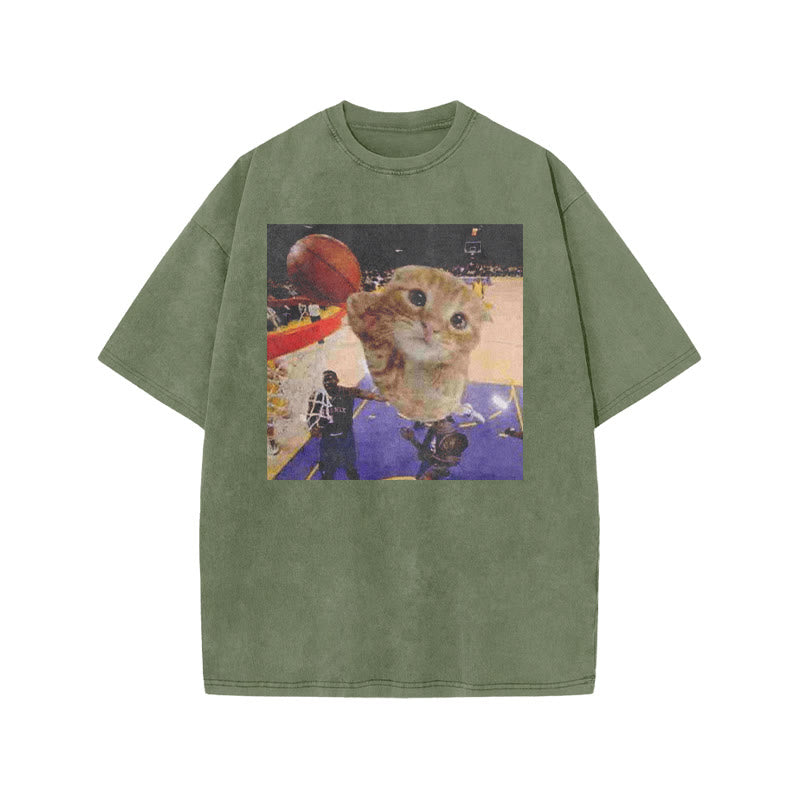 Orange Cats Playing Basketball Print Acid Washed T-shirt