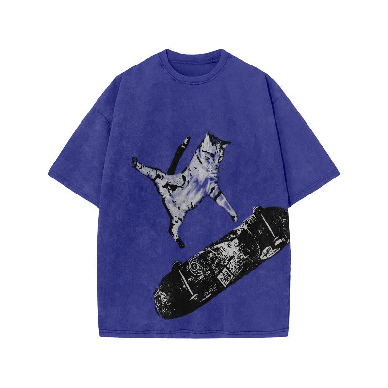 Unisex Street Skate Cat Print Acid Washed T-shirt